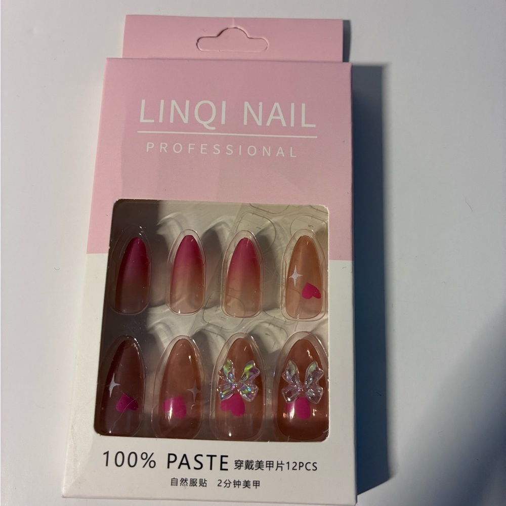 Professional Pink Ombre Press-On Nails with Heart & Butterfly Accents